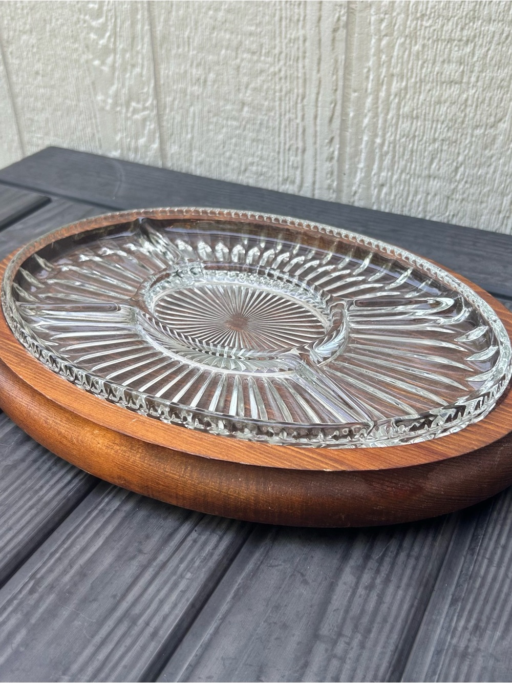 Vintage Glass and Wood Divided Relish Tray